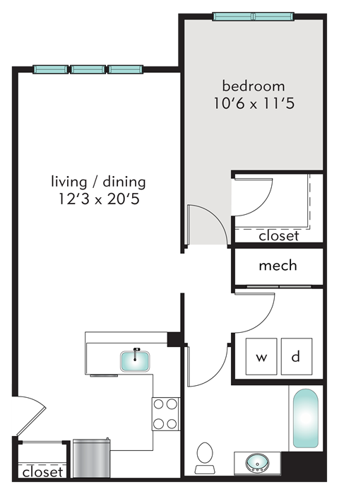 Floor plan for 1 bed, 1 bath, 748 sqft
